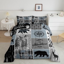 Cabin Rustic Lodge Bedding, Bear Deer Vintage Comforter Set Full Size, Country Farmhouse Patchwork Duvet Insert Woodland Geometric Plaid Patchwork Down Comforter with 2 Pillow Cases, Grey Black