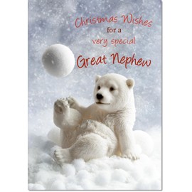 doodlecards Great Nephew Christmas Card Polar Bear and Snowball Medium Size Christmas Card for Great Nephew with Plain Envelope