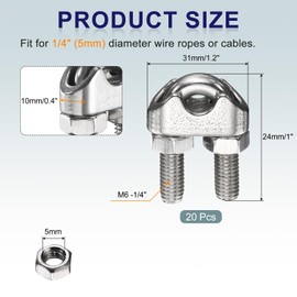 sourcing map 20 Pcs M6 Stainless Steel Wire Rope Clip Clamps, 1/4" Wire Rope U-Bolt Cable Clamps Saddle Fastener for Wire Rope Rigging Tent Rope Guardrail System