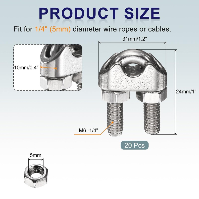 sourcing map 20 Pcs M6 Stainless Steel Wire Rope Clip