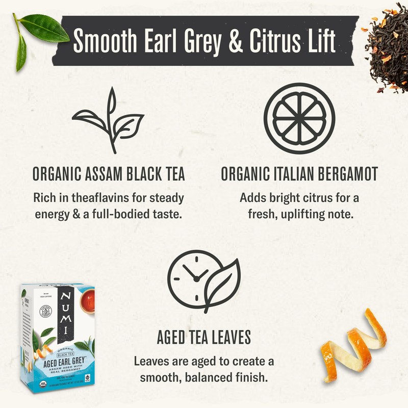 Numi Organic Aged Earl Grey Tea, 18ct Black Tea Bags,