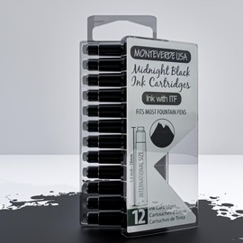 Monteverde USA International Standard Ink Cartridges - Midnight Black - Deep and Bold Writing Ink, Compatible with Most Fountain Pens, 12-Pack Box