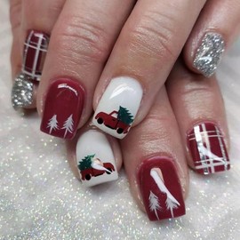 Vopintpy Cartoon Christmas Tree Car Fake Nails Short Square Xmas Press on Nails Winter Christmas Glitter Glue on Nails Glossy Reusable Stick on Nails for Women