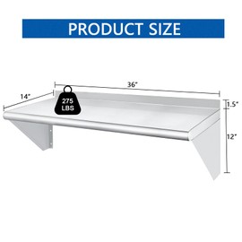 HARDURA Stainless Steel Shelf 14" x 36", 275lb Commercial Shelves Wall Mount Metal Shelving with Backsplash and Brackets for Kitchen, Restaurant, Laundry Room and Home