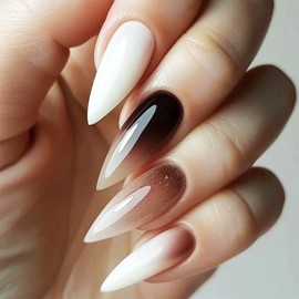 Long Stiletto Press on Nails for Art with The Setting Sun Design, Glossy Silver Glitter Acrylic False Nails Gel Glue on Nails Brown Gradient Full Cover Fake Nails Stick on Nails for Women Girls 24Pcs
