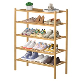 ROMGUAR CRAFT 5 Tier Bamboo Shoe Rack for Closet Free Standing Wood Shoe Shelf for Entryway Small Space Stackable 27"x11"x33" (Natural)