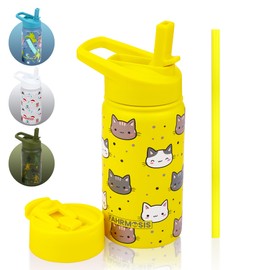 FAHRMOSIS 14 oz Kids Water Bottle | Insulated Water Bottle with Straw & 2 Lids | Reusable Double Insulated Water Bottle - Leakproof Kids Water Bottle for School & Outdoor Activities - Yellow (Cat)