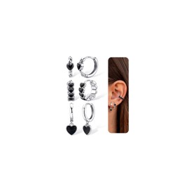 YADOCA 3 Pairs of Earrings Silver 925 Set for Women Hypoallergenic Black Heart Earrings Small Hoop Earrings Silver/Gold