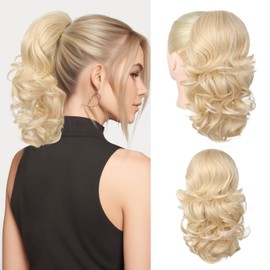 Flufymooz Ponytail Extension, 14 Inch Short Drawstring Ponytail Hair Extension for Women, Soft Synthetic Pony Tails Hairpiece for Women (Light Blonde with Highlights)
