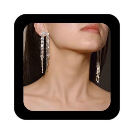 Enautoabs Long Rhinestone Tassel Earrings Crystal Chandelier Dangle Earrings Sparkling Silver Rhinestone Earrings Long Crystal CZ Earrings Cubic Zirconia Wedding Bridal Earrings Jewellery for Women,