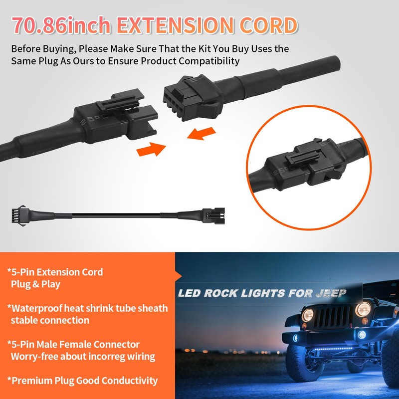 4PCS 70 inch/5.90FT 5-Pin RGBW LED Rock Lights Extension Cord