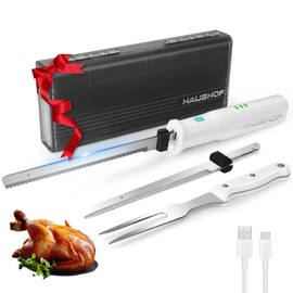 HAUSHOF Cordless Electric Knife Set for Meat Slicing, 8V Electric Carving Knife for Fish, Bread, Turkey, Rechargeable Meat Cutter with Reciprocating Stainless Steel Blades, Safety Lock & Storage Case