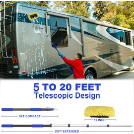 Buyplus 26FT Reach Car Wash Brush with Long Handle, 12-Inch Soft Bristle Head, Truck Wash Brush with 5-20FT Telescoping Pole, Car Washing Brush for Cleaning Car, SUV, RV, Boats, Solar Panels Blue