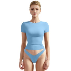 SUUKSESS Women Fitted Basic Tee Cotton Ribbed Crew Neck Summer Short Sleeve Y2K Crop Top Baby Blue