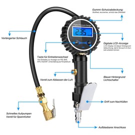 Colisal Digital Tyre Inflator, Calibrated Air Pressure Gauge, 200 PSI, All-in-One Tyre Pressure Gauge, High Precise Tyre Pressure Gauge with LCD Screen for Cars, Motorcycles and Vans German