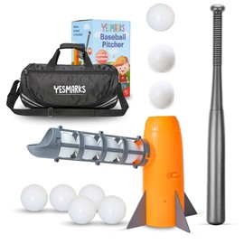 YESMARKS Kids Auto Baseball Pitching Machine Outdoor Toy Set - Training Equipment & Batting Practice Toys for Youth, Includes 10 Baseballs, Baseball Bat and Sports Bag