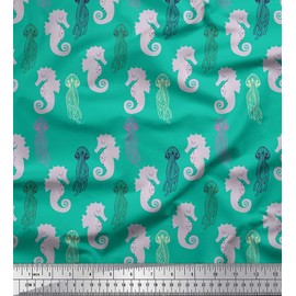 Soimoi Green Moss Georgette Fabric Jellyfish & Seahorse Ocean Printed Craft Fabric BTY 42 Inch Wide