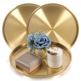 12“ Gold Serving Tray Round Tray Stainless Steel Coffee Table Tray Metal Decorative Vanity Tray Circle Candle Tray, Round Gold Tray for Coffee Table Bar Vanity Bathroom Candle Display(3 Packs)