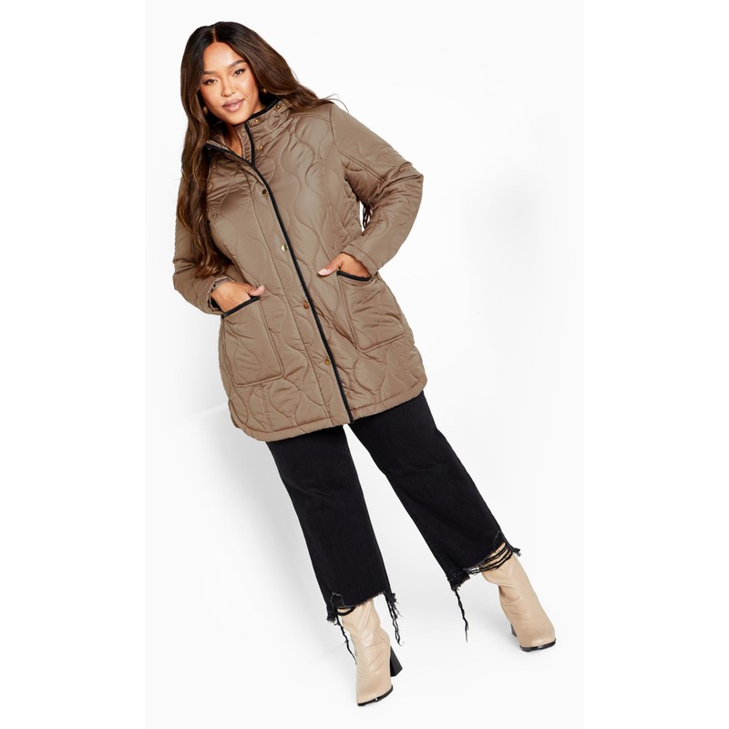 EVANS Women's Plus Size Quilted Contrast Trims Coat, Desert Sand