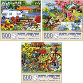 Bits and Pieces 500 Piece Jigsaw Puzzle Set – Value 3-Pack Farm, Flowers & Animals by Nancy Wernersbach – Colorful Adult Puzzles, 18" x 24", Unique Random Cut Pieces