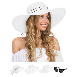 Sun Hats for Women, Wide Brim Floppy Beach Straw Hat for Summer Travel Vacation Foldable with Heart Shaped Sunglasses UPF 50+ Off-White