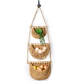 Lawei 3 Tier Hanging Fruit Basket, Wall Hanging Vegetable Fruit Baskets Cotton Woven Storage Baskets for Organizing, BOHO Wall Basket Decor, Over the Door Organizer for Kitchen, Bedroom, Bathroom
