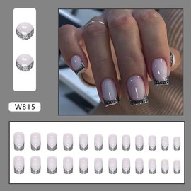 Black French Tips Press on Nails Short Fake Nails Glitter Square Acrylic Nails Pearlescent Full Nail Nails Full Cover False Nails for Women 24 Pcs