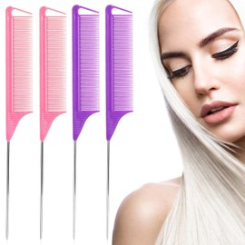 Rat Tail Comb，Parting Comb, Metal Long Steel Pin Rat Tail Combs set，Combs for Hair Stylist，Hair Combs for Women（4Packs，Pink，Purple）