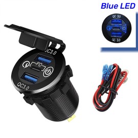 12-24V 3-Port Socket Dual USB Charger QC3.0 + PD Type Car Outlet ON Off Touch Switch