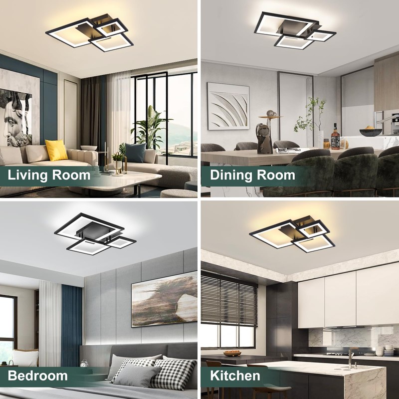 HLILCEH Modern Black Led Ceiling Light 3-Square Design 3000K-6500K Dimmable