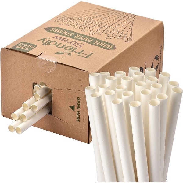 Friendly Straw 150 Pack Biodegradable Jumbo Smoothie Paper Straws, 7.75" x .4" Extra Wide Paper Straws Bulk Pack