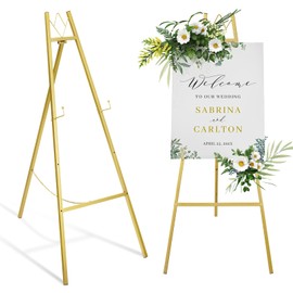 GRENTY Gold Easel Stand for Wedding Signs – No Assembly Needed, Heavy Duty Metal Display Stand for Art, Welcome Signs, Posters, Pictures, Paintings, and Floor Décor