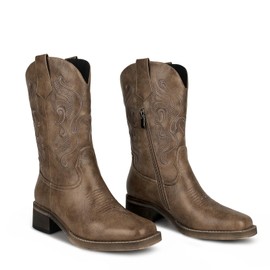 ISNOM Brown Cowgirl boots for Women Brown Cowboy Boots for Women Brown Western Boots Square Toe Cowgirl Cowboy Boots Mid Calf Cowboy Cowgirl boots Wide Calf Cowboy Boots Low Heel Cowgirl boots