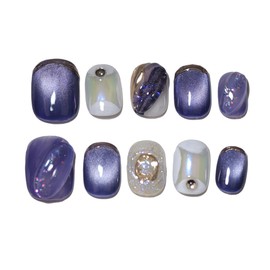 10 pcs Short Square Handmade Press-On Nails with 3D Purple Glitter Accents Rhinestones Nail Decoration for Holiday Nail Art Design, Suitable for Women and Girls (A06, XS)