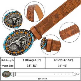 Western Cowboy Cowgirl PU Leather Belt - Women Men Turquoise Embossed Waist Belt with LongHorn Bull Buckles