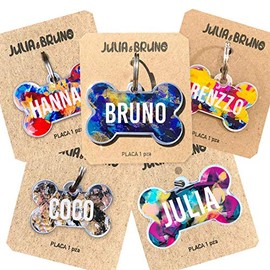 JULIA AND BRUNO Placa de Identificación para Perro Pintada a Mano con Personalización de Nombre y Teléfono - Varios Colores