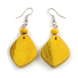 Diamond Shape Antique Yellow Painted Wood Drop Earrings - 60mm L