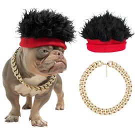Wodison Dog Costume Set Hip Hop Wig Cap and Diamond Gold Dog Chain Collar Adjustable Dog Costumes Cool Cosplay Accessories for Medium to Large Pet Birthday Holiday Party Daily Life(Black Red, Diamond)