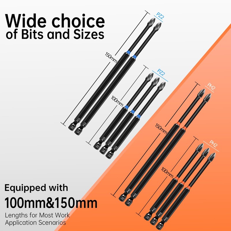 KASAFE 10-Piece Long PZ2/PH2 Magnetic Impact Driver Bits Set –
