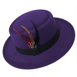 Cotilafi Classic Pork Pie Hat with Feathers Flat Top Fedora, Vintage Panama Hats, Warm Comfortable Jazz Cap Deeppurple