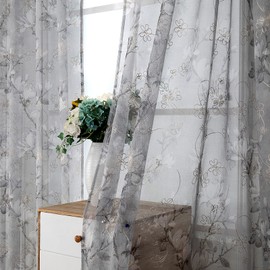 Tollpiz Floral Grey Sheer Curtain Flower Print Vine Embroidery Bedroom Curtains Rod Pocket Voile Window Curtain for Living Room, 54 x 95 inches Long, Set of 2 Panels