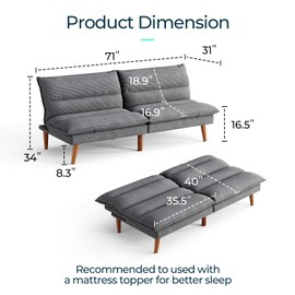 LINSY HOME Futon Sofa Bed - Convertible Corduroy Futon Couch Bed with Adjustable Backrest, Modern Small Loveseat Sleeper Sofa for Small Spaces, Living Room, Apartment or Office (Grey)