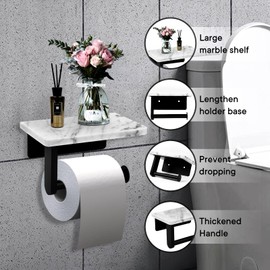 Toilet Paper Holder with Natural Marble Shelf for Bathroom Washroom,Wall Mounted Tissue Holder Suitable for Mega Roll (Small 6.7 * 4.3 in Matte Black)