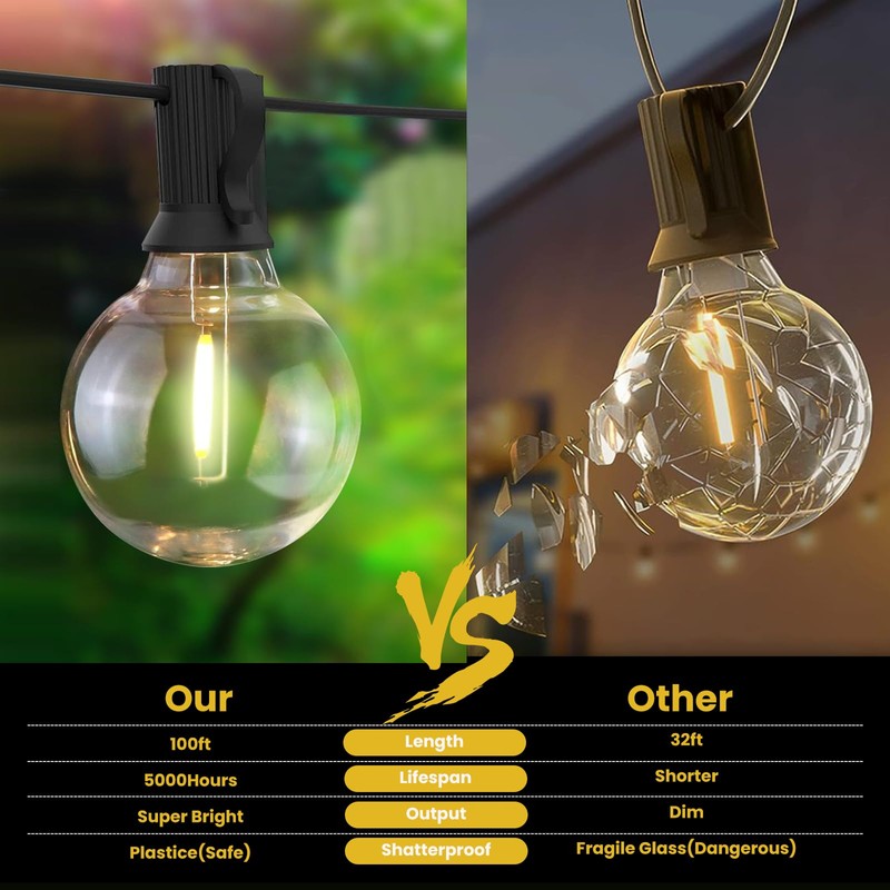 100FT Solar String Lights Outdoor Waterproof with Remote, G40 Solar