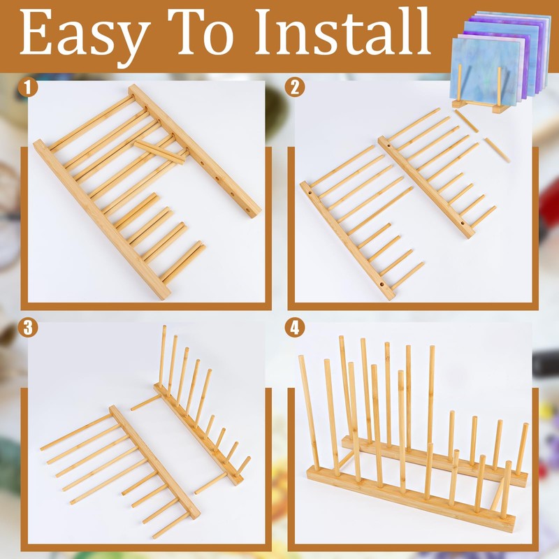 Youdaju 3Pack Stained Glass Organizer Bamboo Dish Plate Rack Wooden