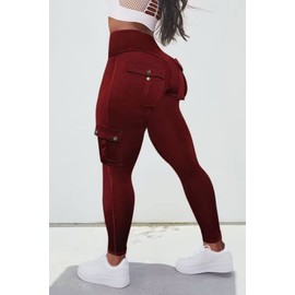 Flamingals Butt Lifting Leggings with Flap Pockets Workout Cargo Leggings for Women Burgundy XS