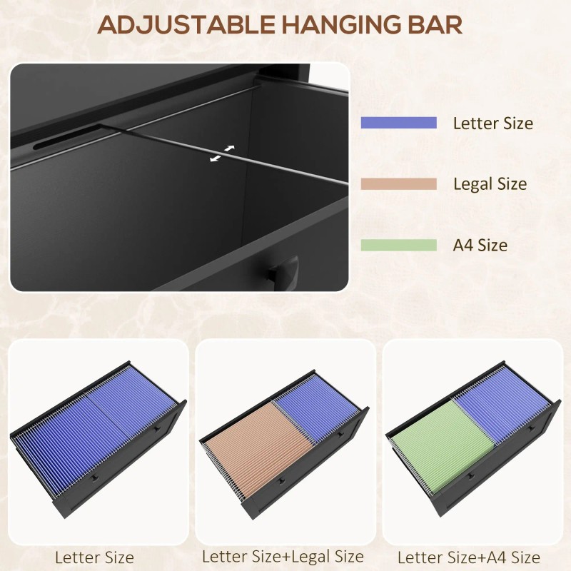 2 Drawer Black File Cabinet Adjustable Hanging Bar for Letter