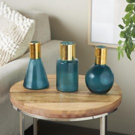 Deco 79 Glass Geometric Tinted Vase with Gold Rim and Varying Shapes, Set of 3 8",9",8" H, Blue