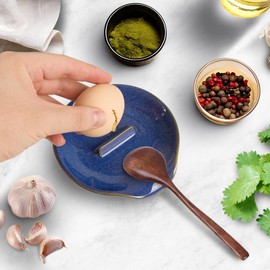 FFQ Egg Cracker & Spoon Holder, Spoon Rest for Kitchen,Ceramic Spoon Holder for Stove Top, Cooking Spoon Holder,Heat Resistant Utensil Rest for Countertop, Blue