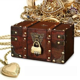 LIKEUDO Retro Jewelry Treasure Chest With Lock Vintage Wooden Trinket Storage Box (L (8.7x5.3x5.9in))